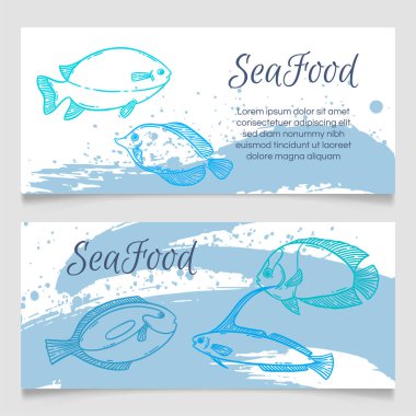 Deniz ürünleri restoranının menü şablonu, el çizimi vektör çizimi. Deniz köpüğündeki balık yemi. Mavi ve beyaz renkli grafik..