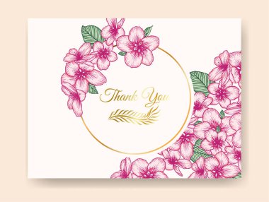 Vektör botanik çiçek desenli, pembe elma çiçekleri ve yuvarlak altın çerçeveli zarif bir düğün davetiyesi. Tebrik kartı için romantik tasarım, doğal kozmetik..