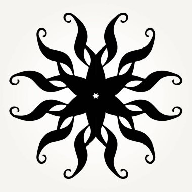 Beyaz arka planda siyah renkli, süslü, yuvarlak bir kolye. Mandala elle çizilmiş kaligrafik elementlerle oluşturuldu.