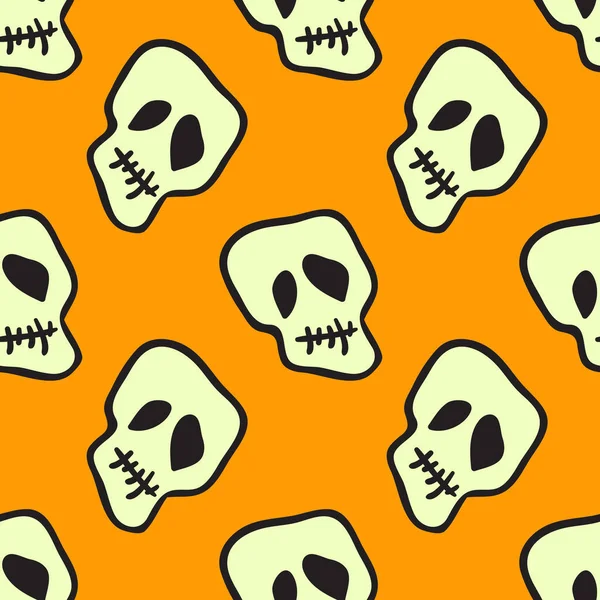 Vektör cadılar bayramı karalama kafatasları kusursuz desen. Parti posteri için tasarım arka planı. El çizimi karikatür çizimi. Turuncu üzerine izole nesneler.