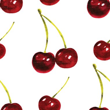 Beyaz üzerine izole edilmiş suluboya kiraz çilekleri ile kusursuz desen. El boyaması tatlı yaz tatlısı arka planı.