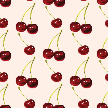 Bej üzerine izole edilmiş suluboya kiraz böğürtlenli kusursuz desen. El boyaması tatlı yaz tatlısı arka planı.