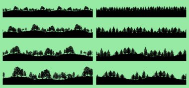 El çizimi orman ağaçları siluetleri. Yeşil üzerine siyah tepeler ile kaplanmış ahşap soyut pankartlar.