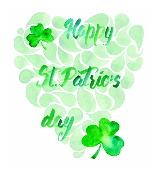 Hand drawn watercolor illustration for Saint Patrick\'s Day greeting card. Irish festival celebration design. Ornate heart, shamrock trefoil leaves and text in green isolated over white.