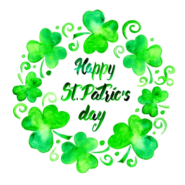Hand drawn watercolor illustration for Saint Patrick\'s Day greeting card. Irish festival celebration design element. Shamrock trefoil leaves and swirls round frame and text in green isolated over white.