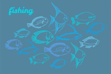 Balık çizim seti, el çizimi balık tutma vektörü çizimi. Restoran deniz ürünleri menüsü tasarım elementleri. Grafik koleksiyonu oymalı biçimi.
