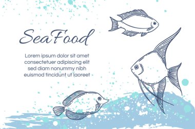 Deniz ürünleri restoranının menü şablonu, el çizimi vektör çizimi. Deniz köpüğündeki balık yemi. Mavi ve beyaz renkli grafik..