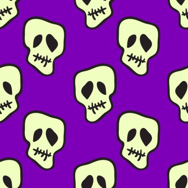Vektör Cadılar Bayramı kafatasları kusursuz desen. Parti posteri için tasarım arka planı. El çizimi karikatür çizimi. Mor üzerine izole edilmiş nesneler.