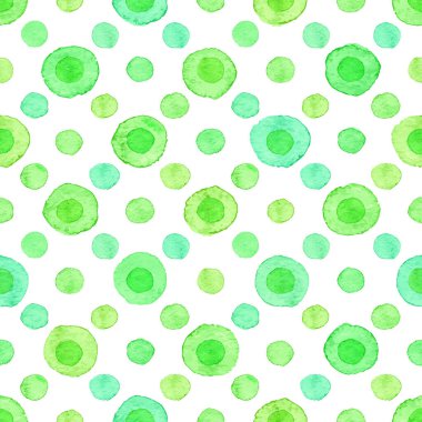 Beyaz üzerine yuvarlak yeşil noktalar çizilmiş kusursuz bir suluboya deseni. Puantiyeli suluboya arka plan.