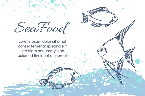 Deniz ürünleri restoranının menü şablonu, el çizimi vektör çizimi. Deniz köpüğündeki balık yemi. Mavi ve beyaz renkli grafik..