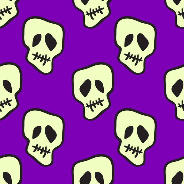 Vektör Cadılar Bayramı kafatasları kusursuz desen. Parti posteri için tasarım arka planı. El çizimi karikatür çizimi. Mor üzerine izole edilmiş nesneler.