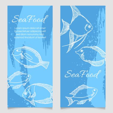 Deniz ürünleri restoranının menü şablonu, el çizimi vektör çizimi. Deniz köpüğündeki balık yemi dalgası mavi grafik modeli.