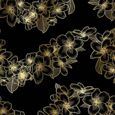 Güzel, altın sarısı, dikişsiz çiçek desenli, siyah üzerine elma çiçeği desenli. Doğanın botanik altın vektör arkaplan çizimi. Stok grafik tasarımı.