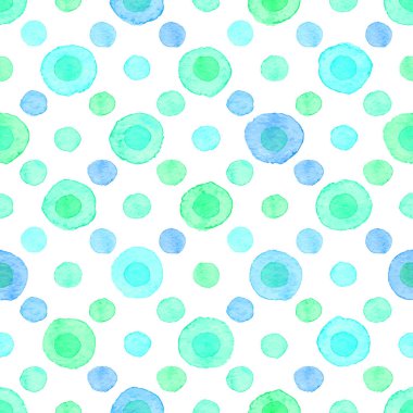 Beyaz üzerine yeşil ve mavi noktalar çizilmiş kusursuz bir suluboya deseni. Puantiyeli suluboya arka plan.