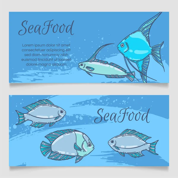 Deniz ürünleri restoranının menü şablonu, el çizimi vektör çizimi. Deniz köpüğündeki balık yemi dalgası mavi grafik modeli.