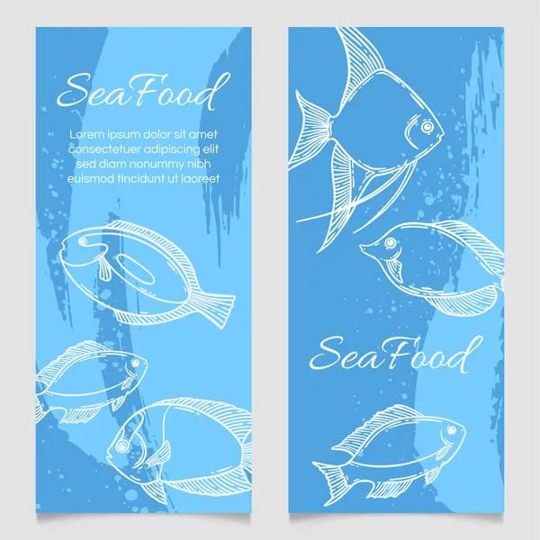 Deniz ürünleri restoranının menü şablonu, el çizimi vektör çizimi. Deniz köpüğündeki balık yemi dalgası mavi grafik modeli.