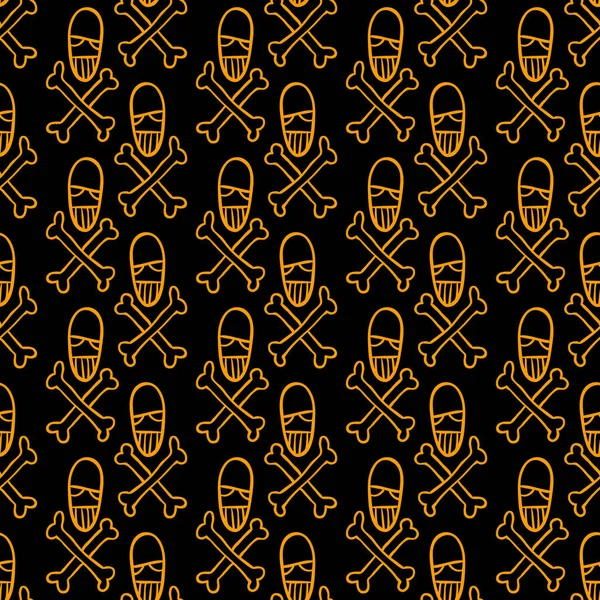 Vektör cadılar bayramı karalama kafatası ve kemiklerin kusursuz deseni. Parti posteri için tasarım arka planı. El çizimi karikatür çizimi turuncu üzeri siyah.