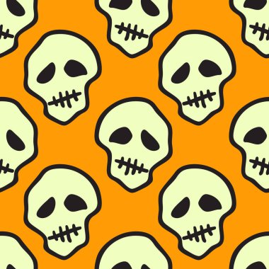 Vektör cadılar bayramı karalama kafatasları kusursuz desen. Parti posteri için tasarım arka planı. El çizimi karikatür çizimi. Turuncu üzerine izole nesneler.