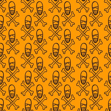 Vektör cadılar bayramı karalama kafatası ve kemiklerin kusursuz deseni. Parti posteri için tasarım arka planı. El çizimi karikatür çizimi turuncu üzerine siyah.