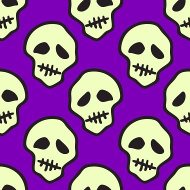 Vektör Cadılar Bayramı kafatasları kusursuz desen. Parti posteri için tasarım arka planı. El çizimi karikatür çizimi. Mor üzerine izole edilmiş nesneler.