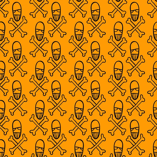 Vektör cadılar bayramı karalama kafatası ve kemiklerin kusursuz deseni. Parti posteri için tasarım arka planı. El çizimi karikatür çizimi turuncu üzerine siyah.