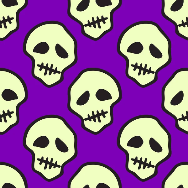 Vektör Cadılar Bayramı kafatasları kusursuz desen. Parti posteri için tasarım arka planı. El çizimi karikatür çizimi. Mor üzerine izole edilmiş nesneler.