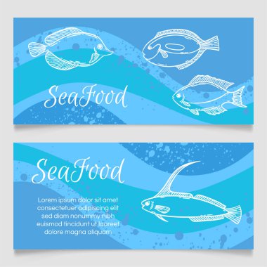 Deniz ürünleri restoranının menü şablonu, el çizimi vektör çizimi. Deniz köpüğündeki balık yemi mavi grafik modeli.