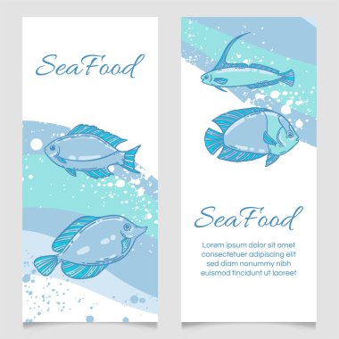 Deniz ürünleri restoranının menü şablonu, el çizimi vektör çizimi. Deniz köpüğündeki balık yemi mavi ve beyaz grafik modeli.