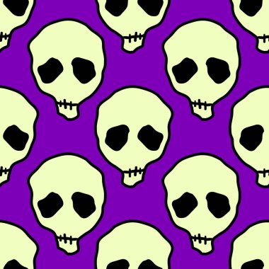Vektör Cadılar Bayramı kafatasları kusursuz desen. Parti posteri için tasarım arka planı. El çizimi karikatür çizimi. Mor üzerine izole edilmiş nesneler.