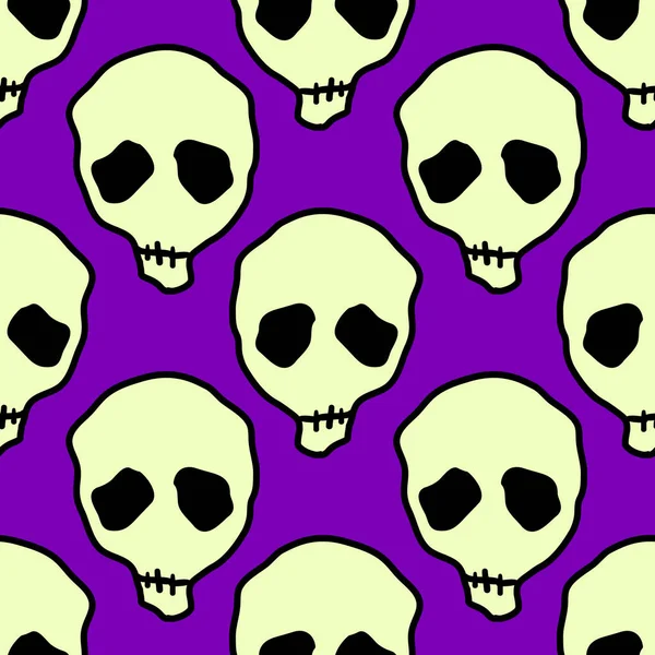 Vektör Cadılar Bayramı kafatasları kusursuz desen. Parti posteri için tasarım arka planı. El çizimi karikatür çizimi. Mor üzerine izole edilmiş nesneler.