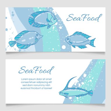 Deniz ürünleri restoranının menü şablonu, el çizimi vektör çizimi. Deniz köpüğündeki balık yemi mavi ve beyaz grafik modeli.