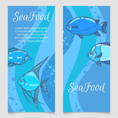 Deniz ürünleri restoranının menü şablonu, el çizimi vektör çizimi. Deniz köpüğündeki balık yemi mavi grafik modeli.