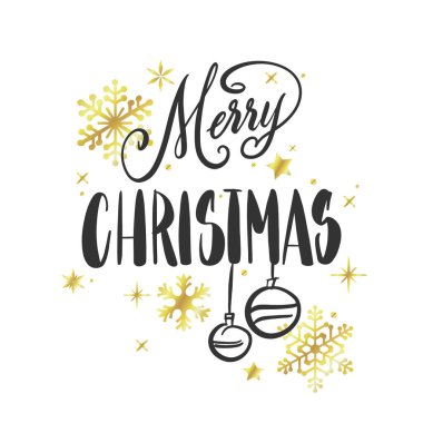 Elle yazılmış Noel selamları, modern şenlikli el yazısı beyaz üzerine siyah harflerle yazılmış altın kar taneleri. Tatil sezonu kart vektör çizimi.