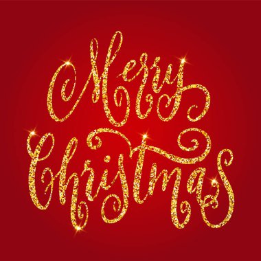 Altın parıltılı harfli mutlu noeller tebrik kartı. El yazısı, kırmızı arkaplanda izole edilmiş altın el yazısı. Xmas tatil vektör illüstrasyonu.