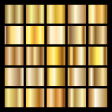 Altın doku gradyan arkaplan vektörü seti. Çerçeveler, afişler ve etiketler için kare metalik tasarım. Gerçekçi soyut altın desen. Zarif ışık ve parlak metal şablon.