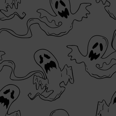 Uçan hayaletler cadılar bayramını kusursuz düzenliyor. Parti posteri için tasarım arka planı. Koyu gri üzerine siyah çizilmiş el çizimi karikatür çizimi.