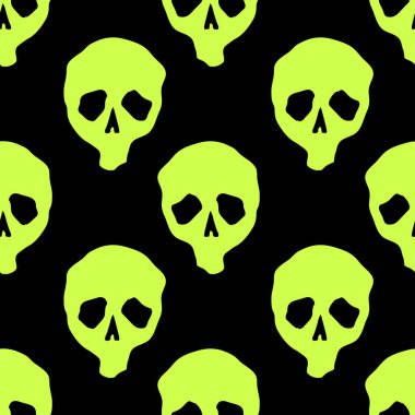 Vektör cadılar bayramı karalama kafatasları kusursuz desen. Parti posteri için tasarım arka planı. El çizimi karikatür çizimi. Asit yeşili üzerinde izole nesneler.