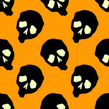 Vektör cadılar bayramı karalama kafatasları kusursuz desen. Parti posteri için tasarım arka planı. El çizimi karikatür çizimi. Turuncu üzerine izole nesneler.