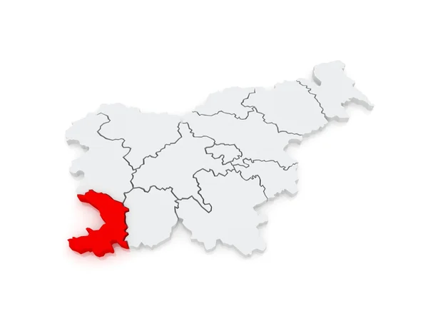 Pribrezhnokarstsky 地区 （obalno kras 核桃属） 的地图。斯洛文尼亚. — 图库照片