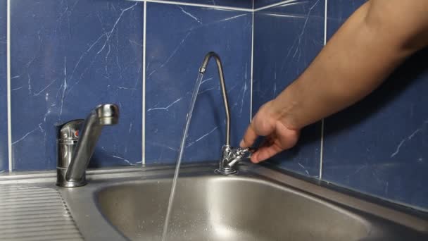 De persoon giet water uit het filter in een glas met ijs — Stockvideo