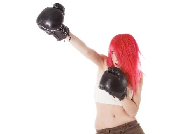 Vermelho-cabelo menina chutar boxer chutado em raiva gritando — Fotografia de Stock