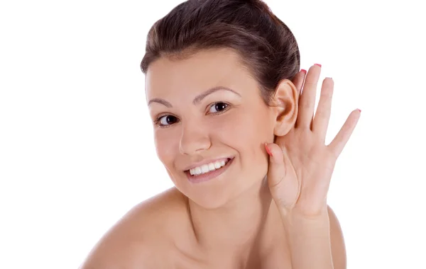 Bright picture of young woman listening gossip news — Stock Photo, Image