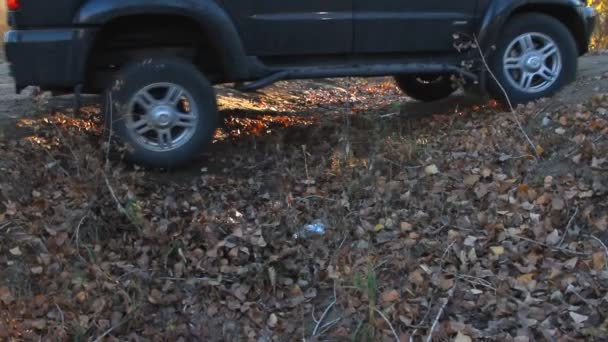 SUV conduce a través de una zanja en el bosque — Vídeo de stock