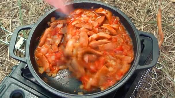 Asado en una estufa de gas portátil — Vídeo de stock