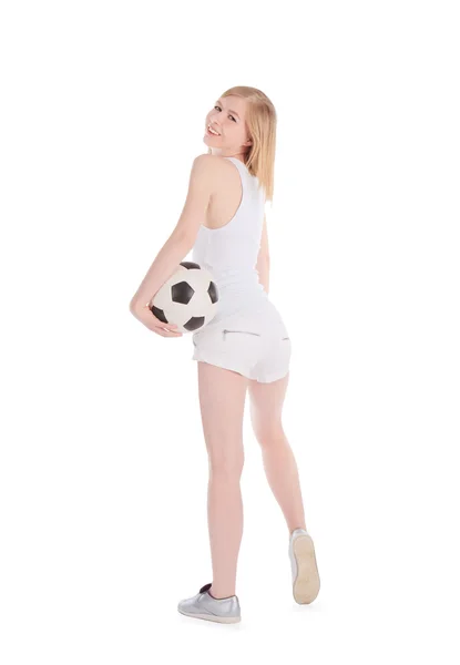 Mulher com bola de futebol — Fotografia de Stock