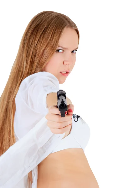 Giovane bionda con una pistola — Foto Stock