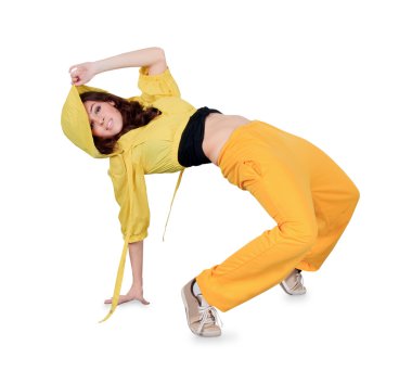 Genç breakdance eyleminde üzerinde beyaz dans.