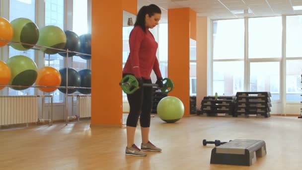 Mujer joven haciendo ejercicio con barra de pesas — Vídeos de Stock