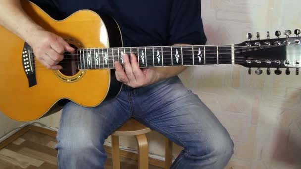 Performer tocando na guitarra acústica. Instrumento musical com mãos de guitarrista — Vídeo de Stock