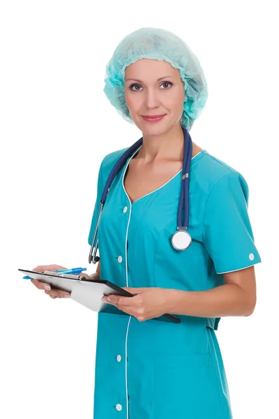 Medical doctor woman with stethoscope and clipboard — Stock Photo, Image